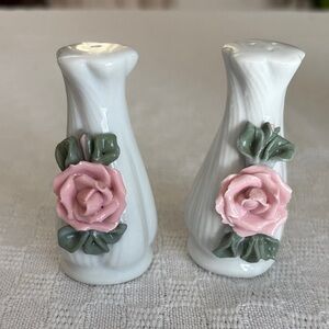 Vintage porcelain salt and pepper shakers sculpted pink roses textured body